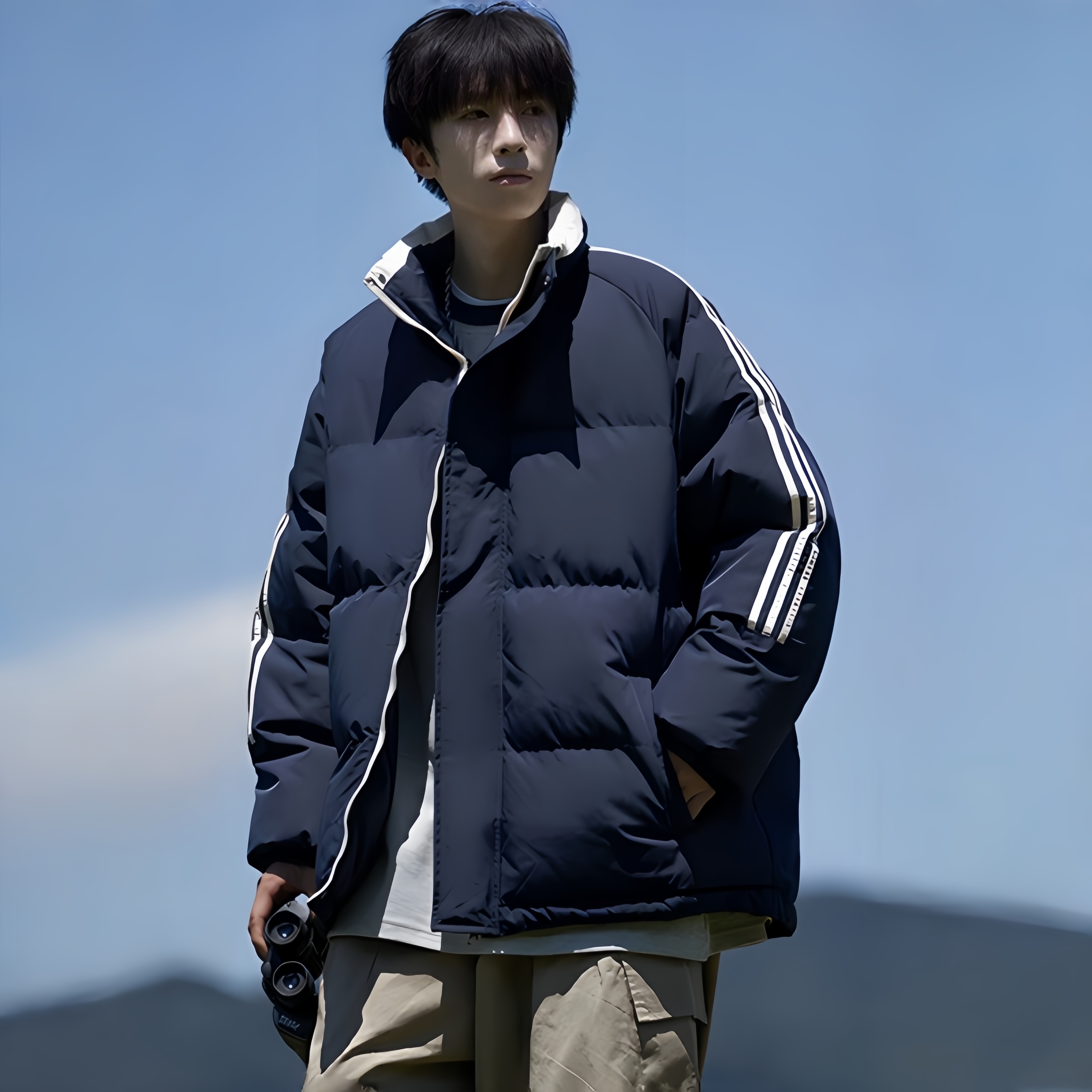 韩版时尚气质羽绒棉服男女同款秋冬新款三条杠拼接保暖外套