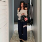 LILUSHOP 女 抽绳单边刺绣英文休闲卫裤 百搭加绒加厚休闲长裤 时尚