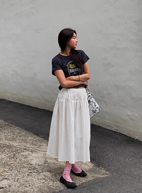 LILUSHOP 进口面料褶皱大摆半身裙女高级感显瘦百搭白色A字中长裙