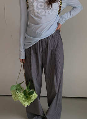 LILUSHOP时尚墨绿格子休闲裤2025夏季宽松直筒阔腿裤百搭拖地长裤