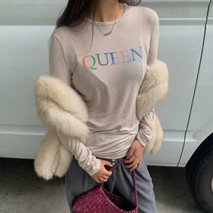 LILUSHOP 字母印花中长款天丝羊毛圆领T恤女休闲百搭打底衫上衣