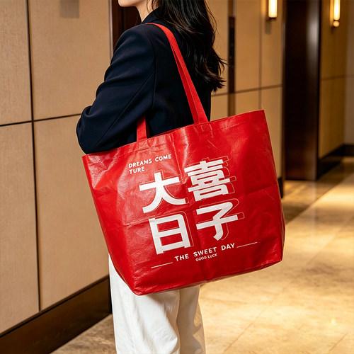 结婚编织袋手提礼品袋防水大容量婚礼购物袋红色大喜日子收纳袋子