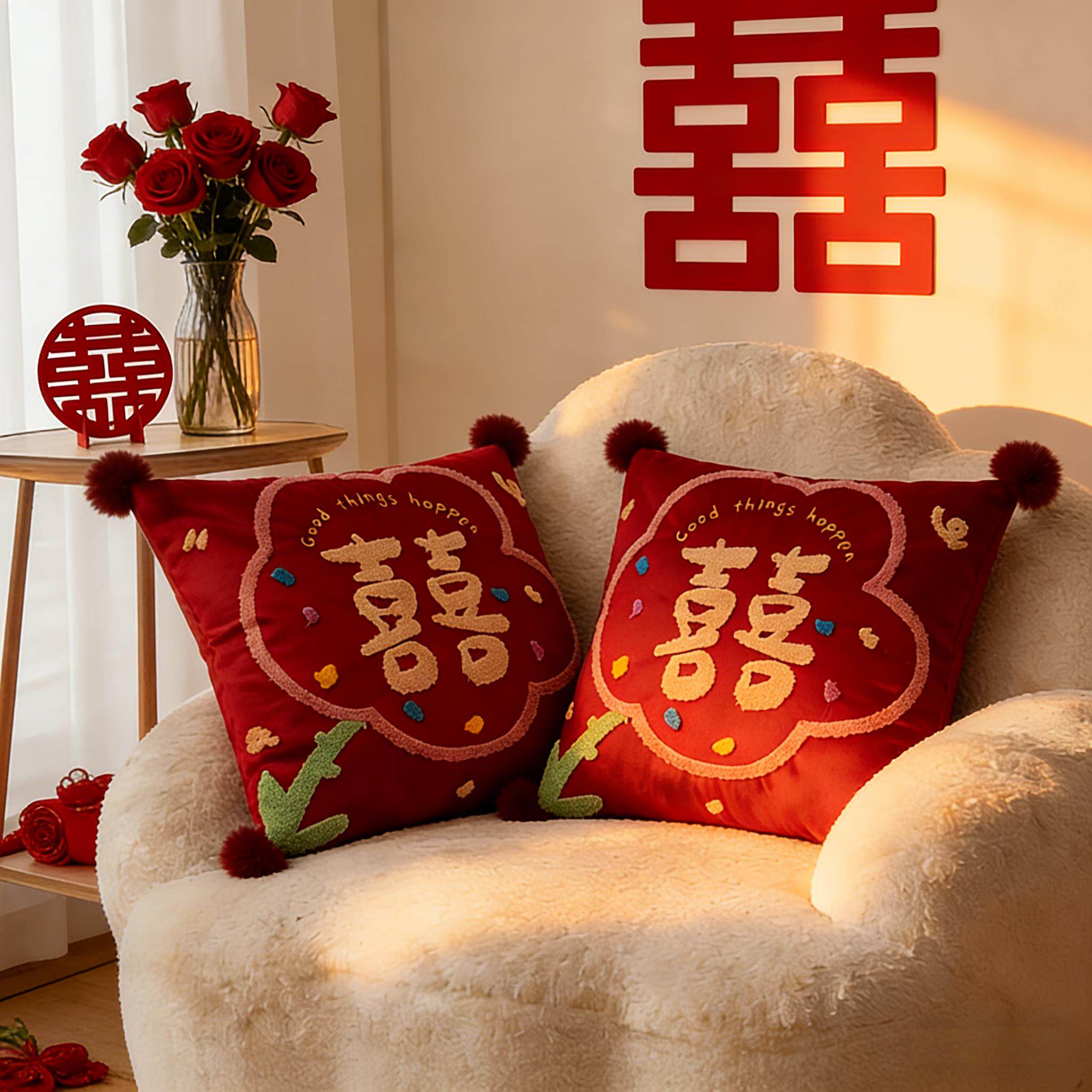 新中式靠枕椅子抱枕结婚压床娃娃一对婚房装饰新婚礼物沙发靠背垫
