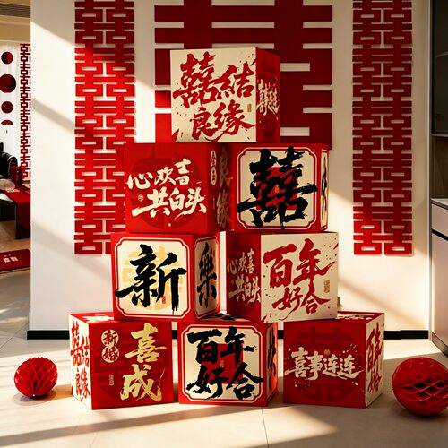 婚房布置套装立体喜字摆件酒店结婚礼男女方客厅卧室堆头盒子装饰