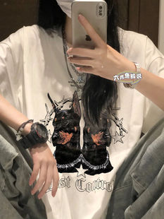 个性潮牌hiphop街头风杜宾犬短袖T恤男女夏季宽松纯棉半袖体恤衫