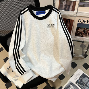 外套潮牌情侣装 美式 纯棉复古三条杠圆领卫衣男秋冬宽松百搭插肩袖