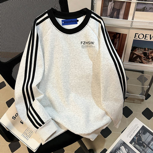 复古三条杠圆领卫衣男秋冬宽松