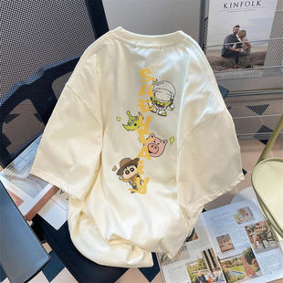 韩系ins爆款 宽松百搭上衣男 设计感小新印花100%纯棉t恤女情侣新款