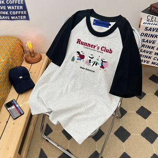 美式复古撞色插肩短袖ins潮牌高街欧美上衣男生情侣透气拼接体恤