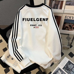 打底衫 2025春秋新款 宽松情侣长袖 潮牌圆领三条杠卫衣男款 上衣 美式