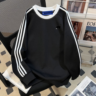 三条杠加绒圆领卫衣男生秋冬装