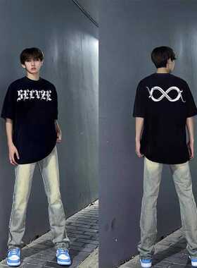 重磅100%纯棉美式嘻哈高街痞帅短袖t恤男夏季潮牌宽松半截袖体恤