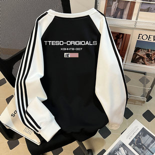 拼接插肩长袖 休闲上衣潮 圆领卫衣男生拼接三条杠宽松2025春秋新款