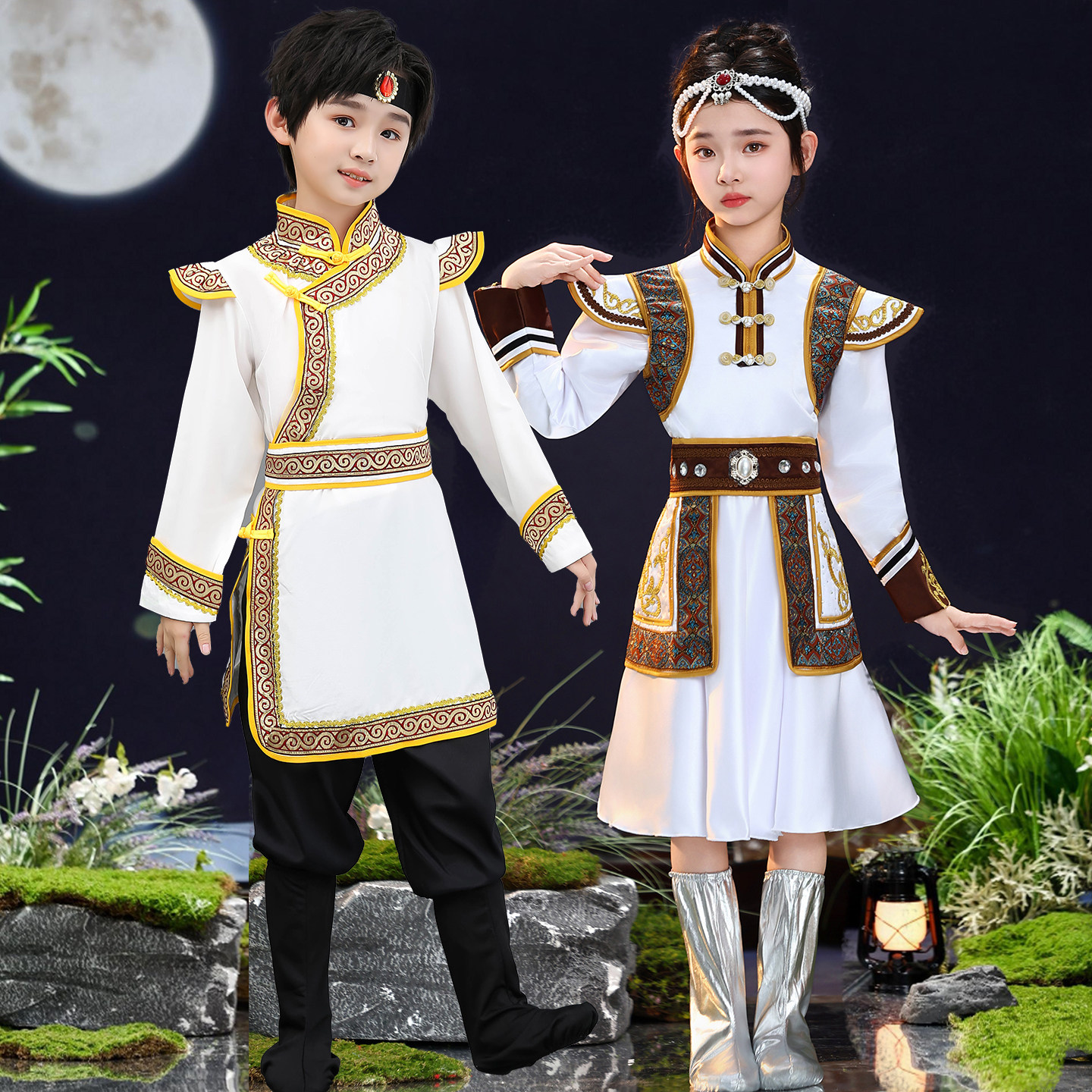 新款儿童56个民族鄂伦春族演出服幼儿少数民族男女舞蹈服表演服装