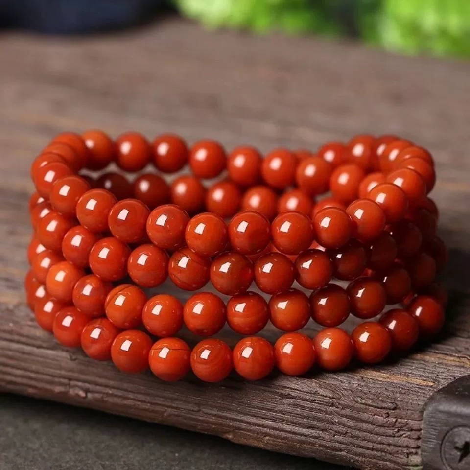 一元拍卖保真南红玛瑙四川凉山8mm佛珠柿子红火焰108手链多圈手串