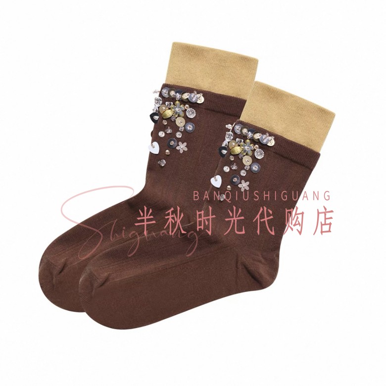 （小魔女）LF25D31RR110原695LeFe拉**飞姆25冬装 撞色珠饰短袜子