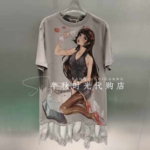 福蝶FORDARE手绘感漫画少女蕾丝缎面拼接连衣裙2610L18310 1299