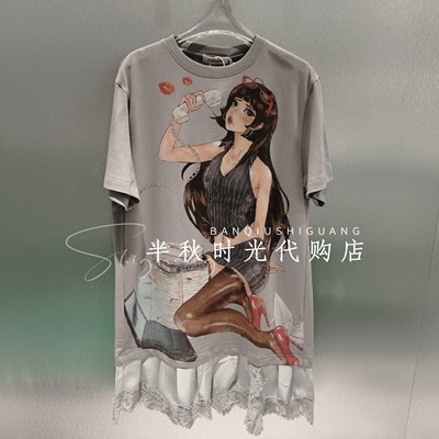 福蝶FORDARE手绘感漫画少女蕾丝缎面拼接连衣裙2610L18310-1299