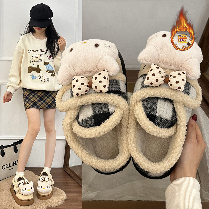 可爱蝴蝶结凯蒂猫厚底棉鞋女