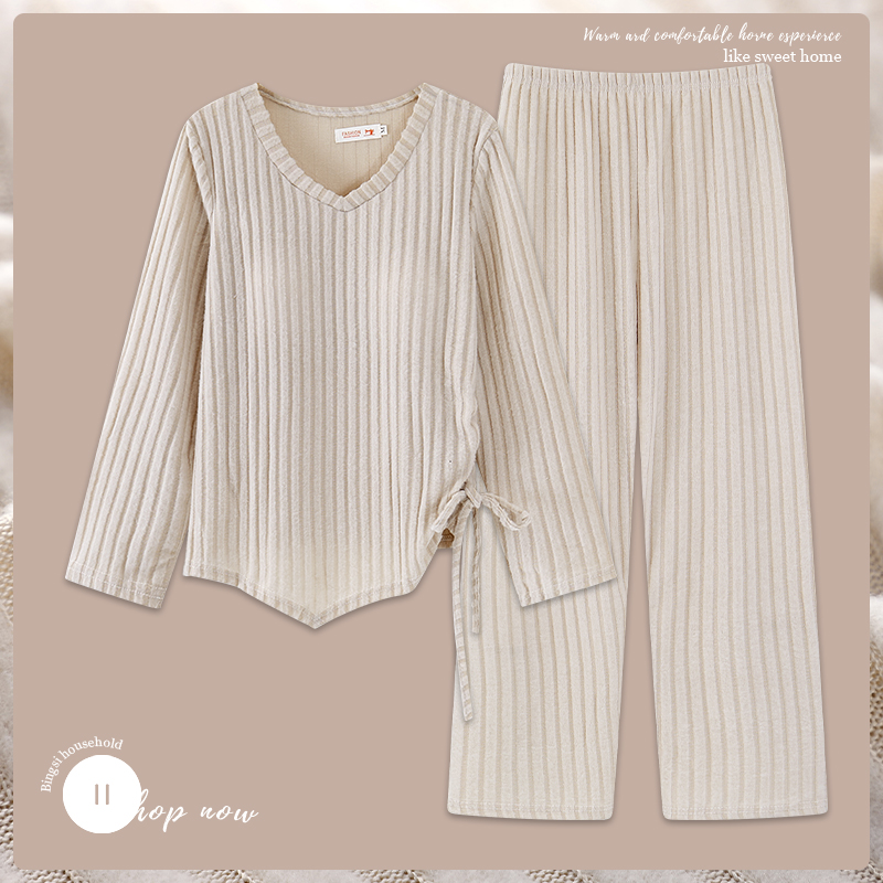 新款磨毛睡衣女春秋款带胸垫