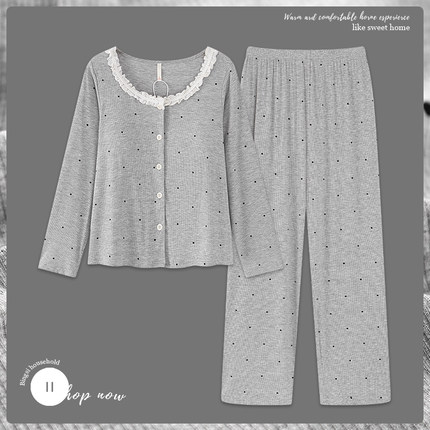 睡衣女春秋款长袖高级感带胸垫家居服套装2025新款可外穿莫代尔棉