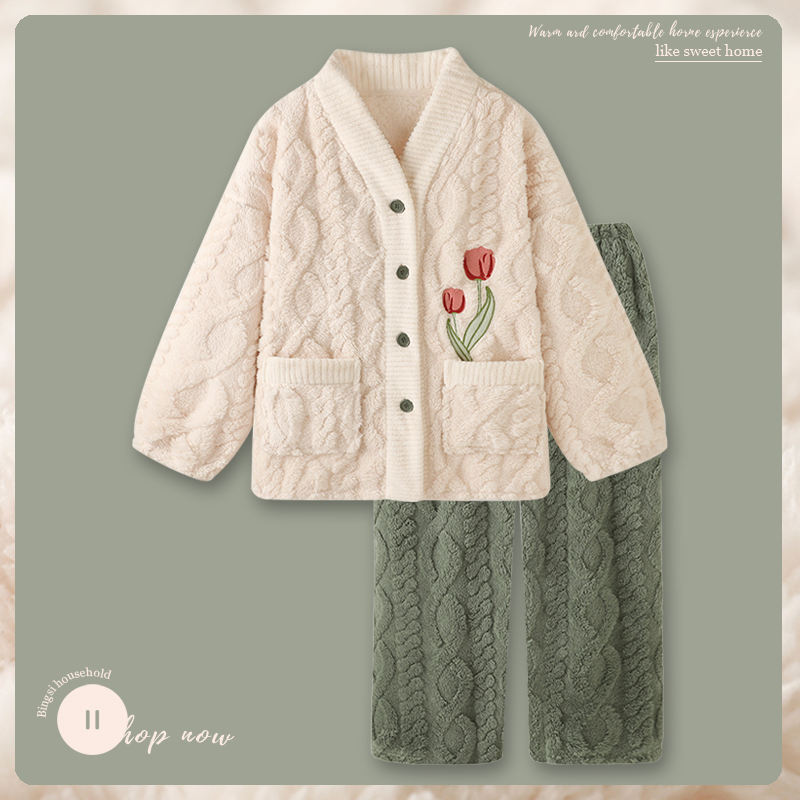 新款睡衣女秋冬季珊瑚绒加厚