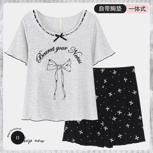 可外穿圆领薄款 睡衣女带胸垫夏季 2025新款 短袖 莫代尔棉家居服套装