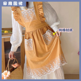 纯棉围裙家用薄款韩版公主围裙花艺美甲背带烘焙花边蕾丝无袖围裙