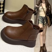 爱秀美增高厚底加绒女2025年新款 复古侧拉链保暖不一样feel短靴女