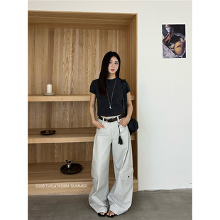 T-PLATFORM 2026夏季美式高街复古工装裤多口袋拖地牛仔裤68126-1