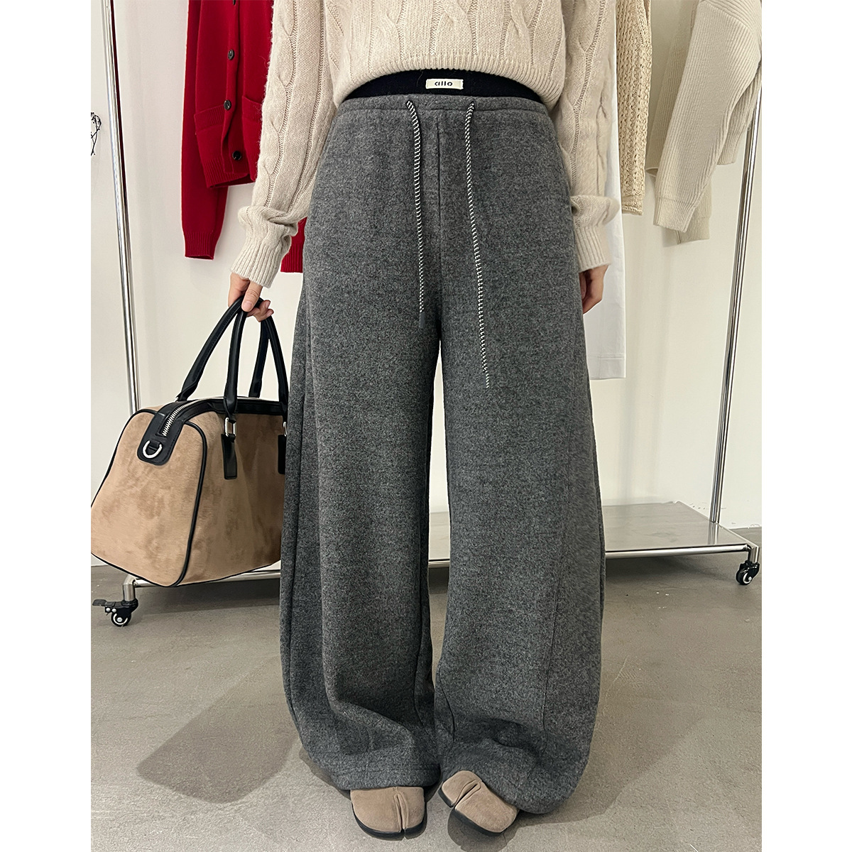 韩系慵懒风条纹加绒毛呢裤