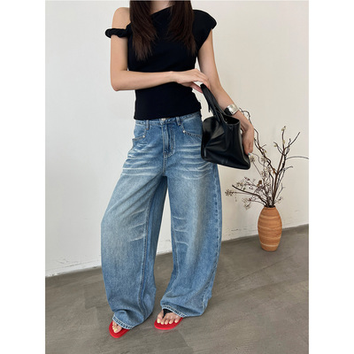 T平台闪电纹阔腿牛仔裤