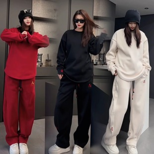 炎炎服饰马年限定刺绣加绒套装时尚圆领长袖卫衣休闲直筒裤两件套