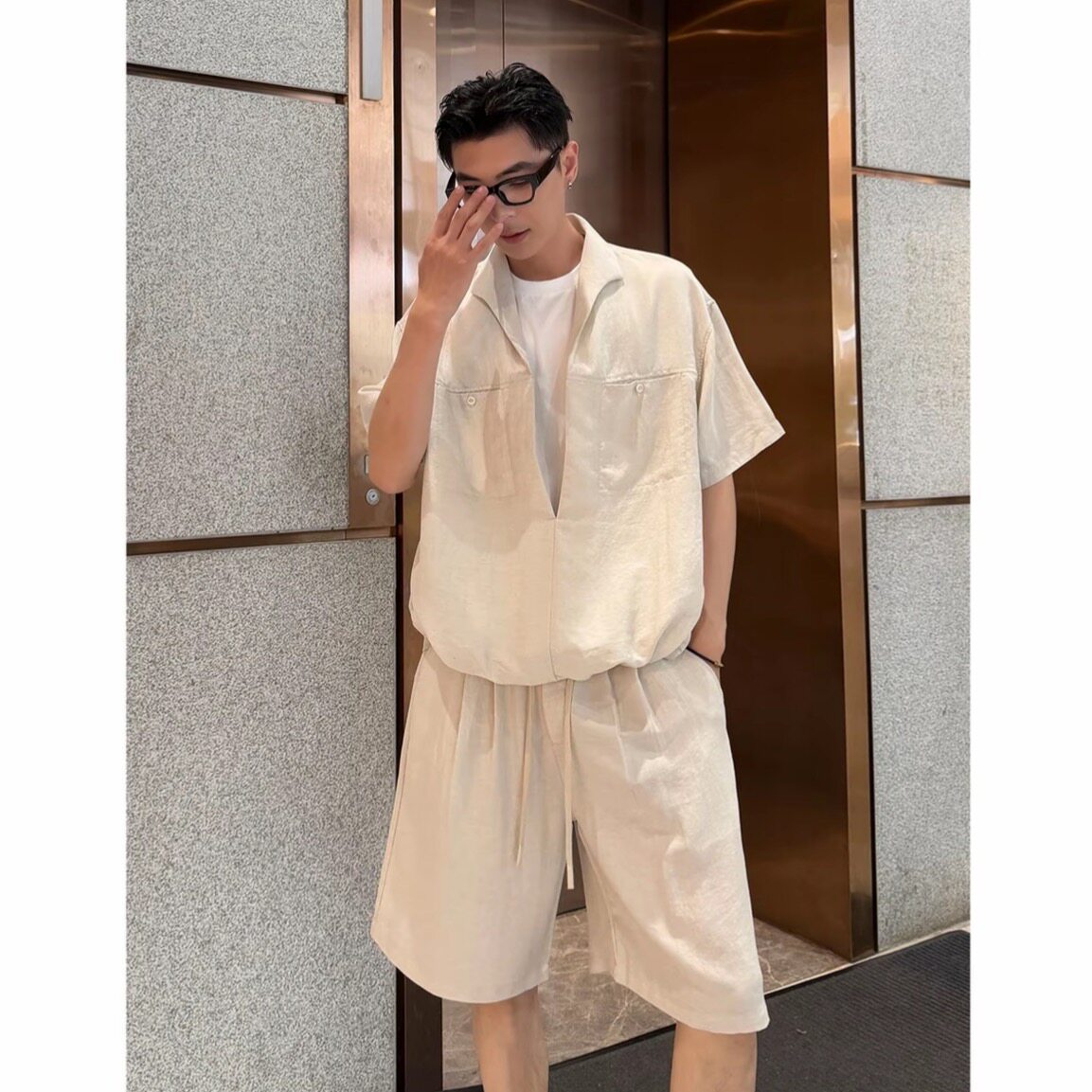 2026夏季新款轻奢高级感假两件短袖男士短裤长裤休闲亚麻时尚套装