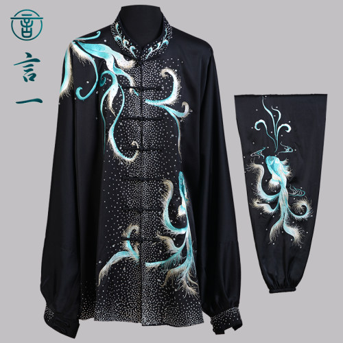 言一太极新款刺绣鱼烫钻仿真丝太极服表演竞赛服体考男女武术定做