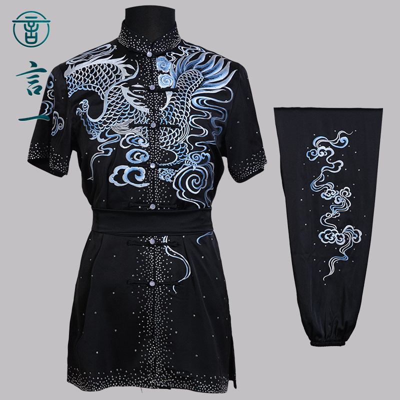 言一武术新款黑色绣龙比赛服长拳服彩服南拳男功夫女竞技