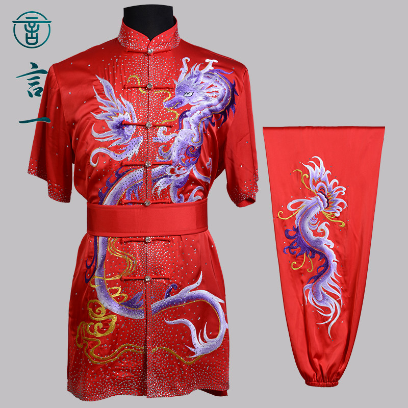 言一武术红色武术服比赛服彩服长拳服南拳体考竞技定做