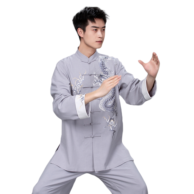 言一男新款棉麻刺绣龙定制太极服