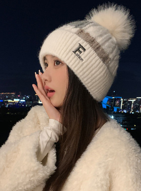 秋冬帽子女款韩版毛线针织帽时尚百搭甜美可爱护耳加绒保暖包头帽