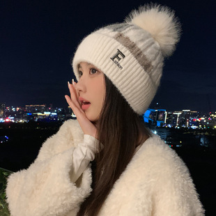 秋冬帽子女款韩版毛线针织帽时尚百搭甜美可爱护耳加绒保暖包头帽