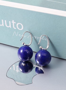 施朱蓝色天然青金石圆珠子耳环女复古港风纯银耳钩不过敏耳饰新款