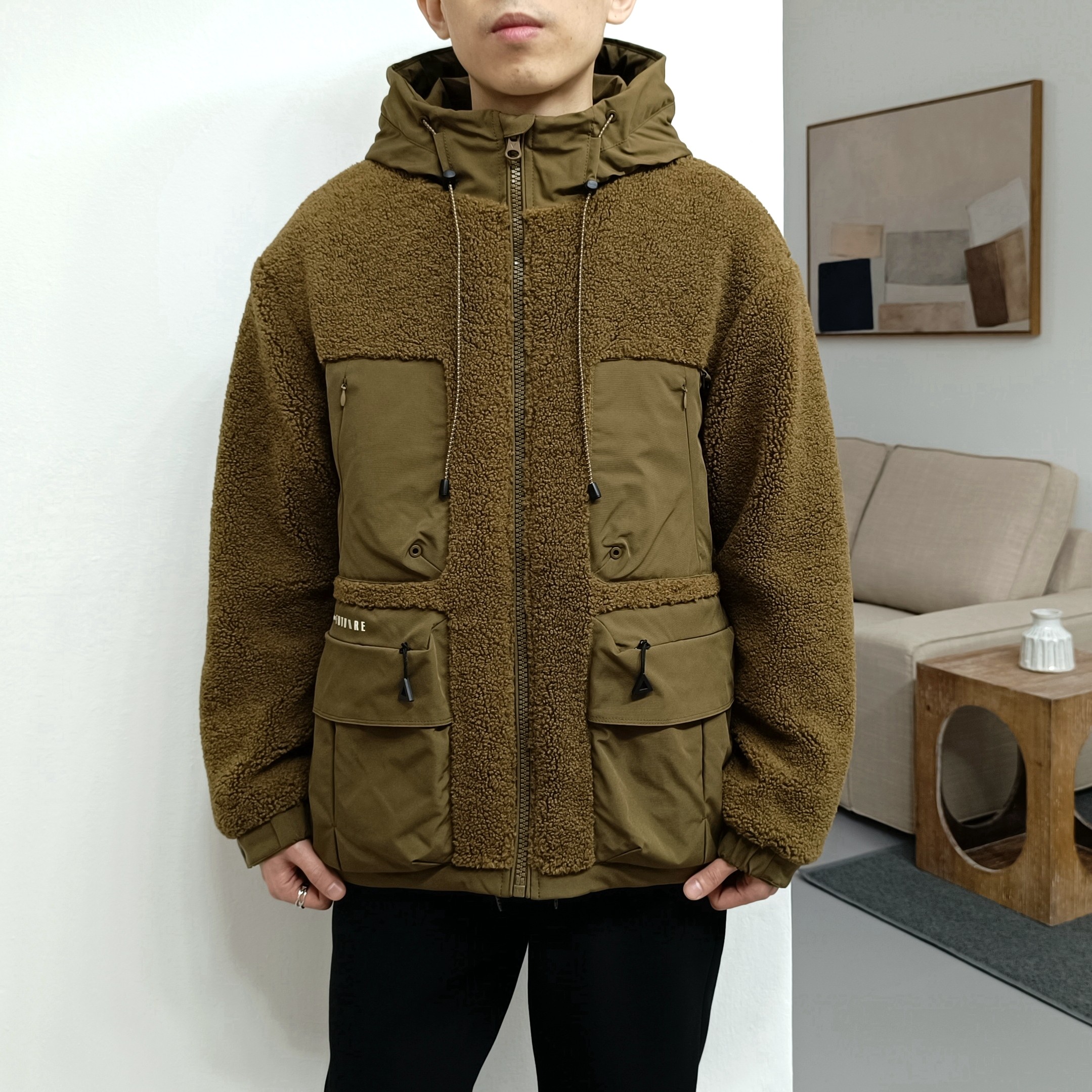 亏本清货 性价比超高 冬季男摇粒绒拼接工装连帽外套加厚棉衣棉服