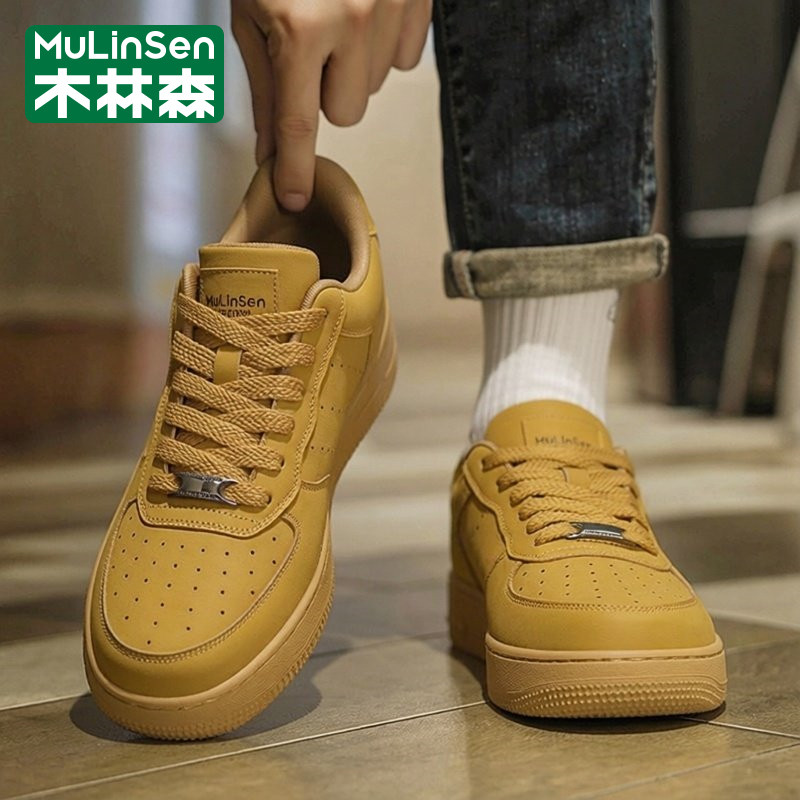 木林森男鞋2026新款春季潮流休闲运动小麦色复古皮面做旧厚底板鞋,流行男鞋,时尚休闲鞋,淘宝优惠券,粉丝福利购,淘宝优惠卷