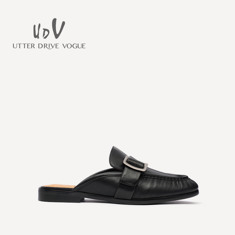 UDV2024春夏真皮胎牛皮复古穆勒拖圆头平底时装女鞋