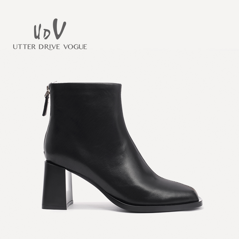 UDV2024秋冬新品真皮胎牛皮时装切尔西靴方圆头中粗跟裸靴女鞋