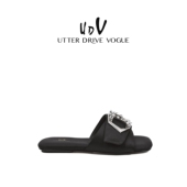 一字拖凉拖鞋 UDV法式 外穿 女2025夏季 新款 方扣沙丁布平底时装 拖鞋