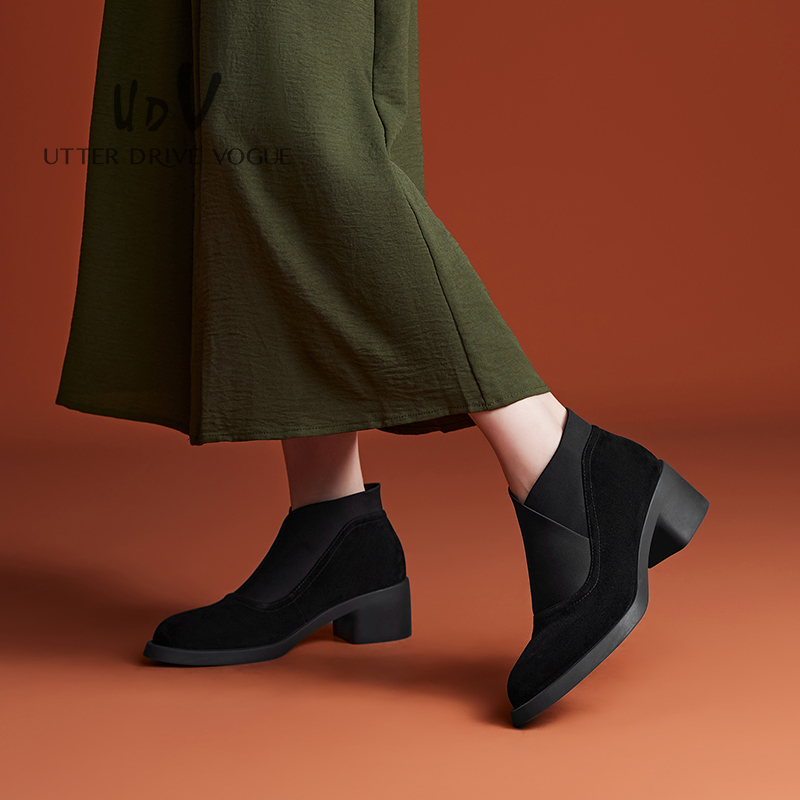 UDV深口单鞋圆头粗跟一脚蹬
