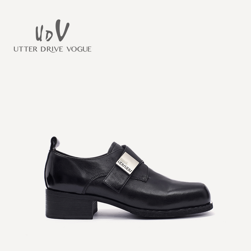 UDV2024秋冬真皮水洗牛皮时尚德比鞋方圆头中粗跟气质女鞋乐福鞋