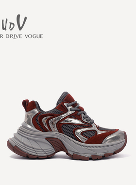 UDV2024秋冬新品真皮牛皮拼接休闲老爹鞋圆头厚底欧美运动风女鞋