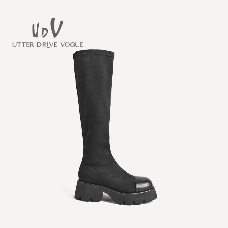 UDV2024秋冬绒布胎牛拼接潮酷高靴方圆头厚底英伦风女鞋